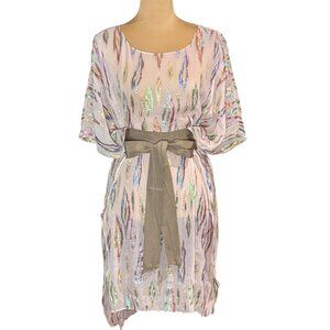 Badgley Mischka Mark & James Silk Caftan Mini Dress Sz.M Petal Pink Lurex Sheer